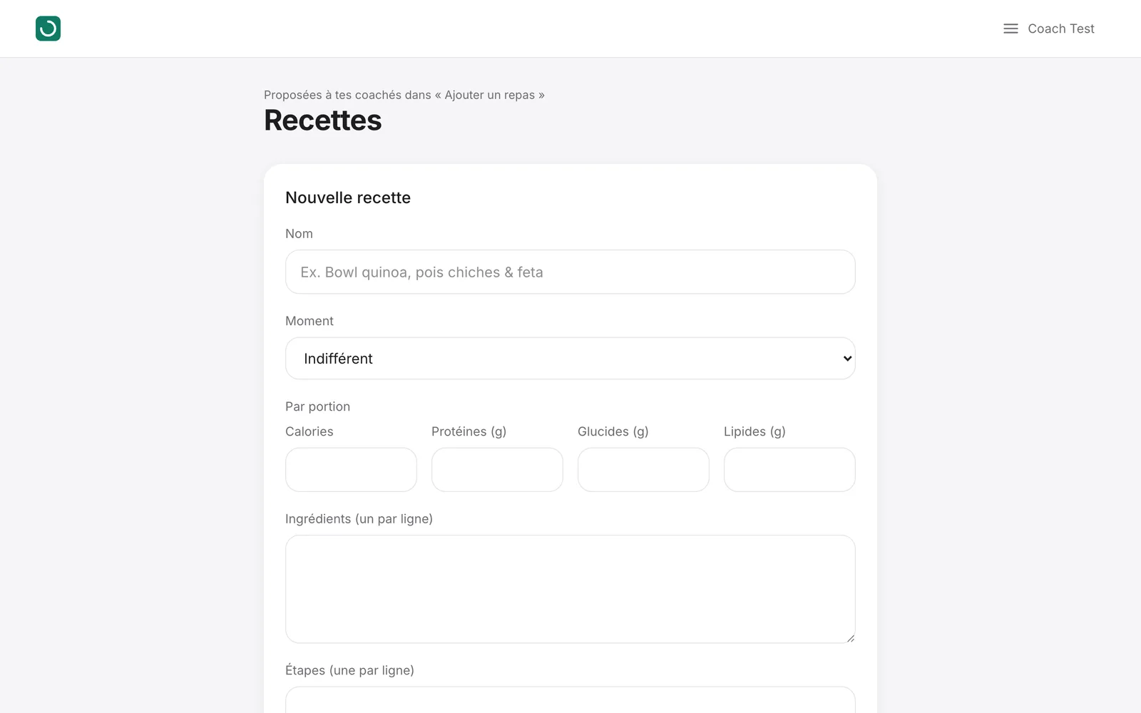 Bibliothèque de recettes du coach