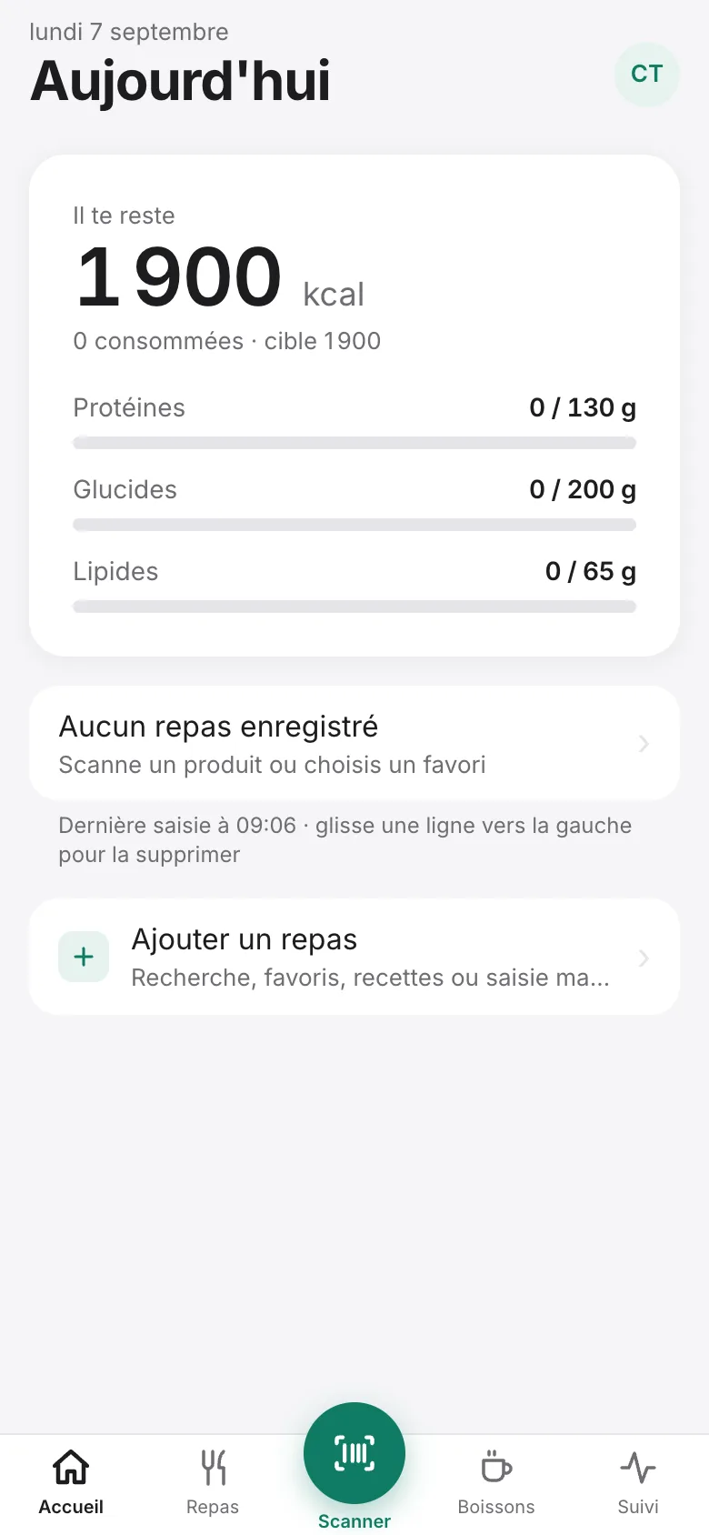 Écran d'accueil du coaché : calories du jour par rapport à la cible, jauges protéines, glucides, lipides, bouton Ajouter un repas